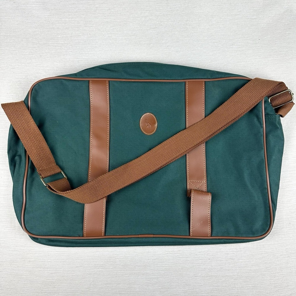 Vtg‎ 90s Polo Ralph Lauren Messenger Laptop Bag Green Brown Leather Patch Strap